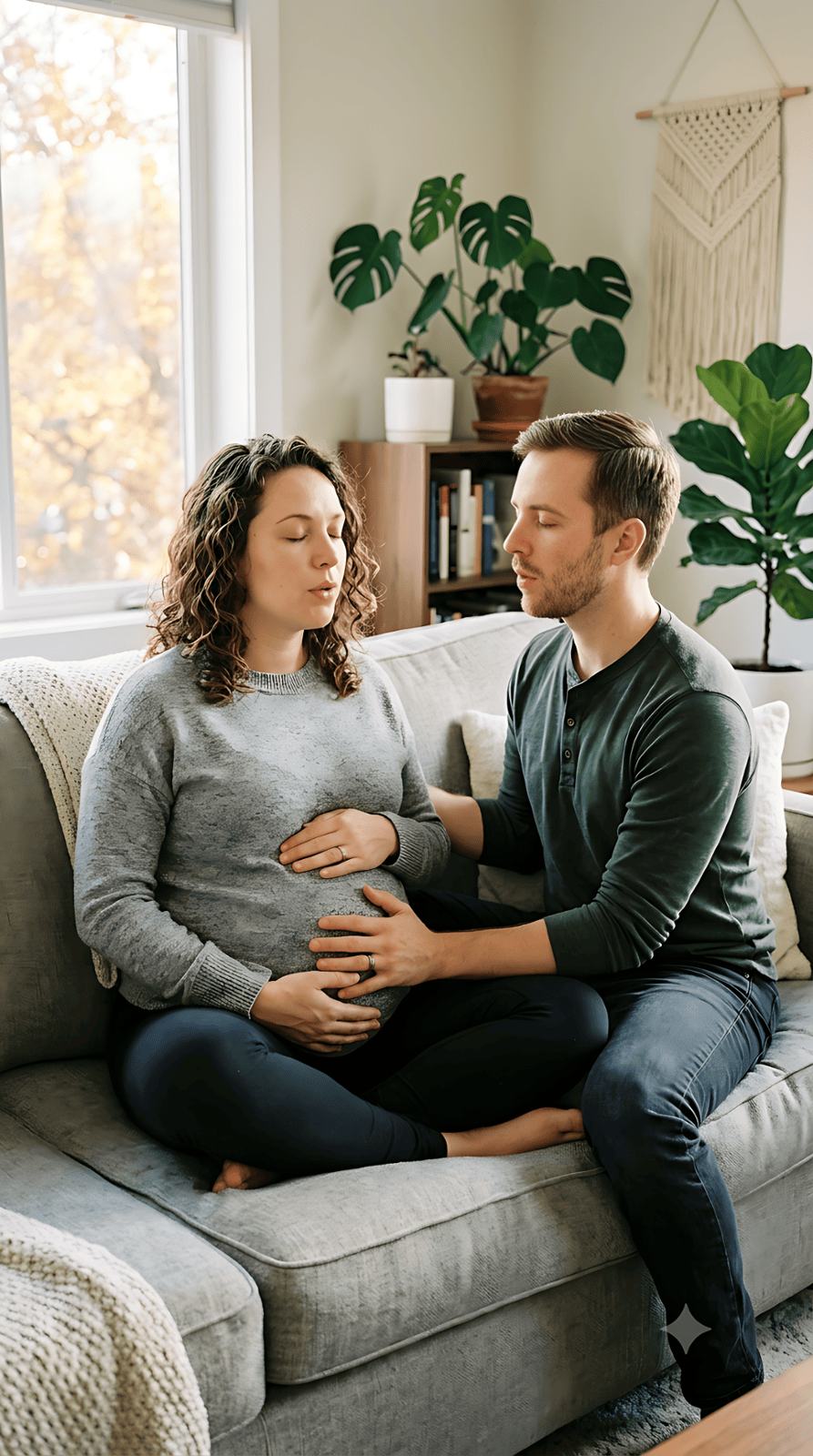 A pregnant woman and her partner practising gentle prenatal breathing together